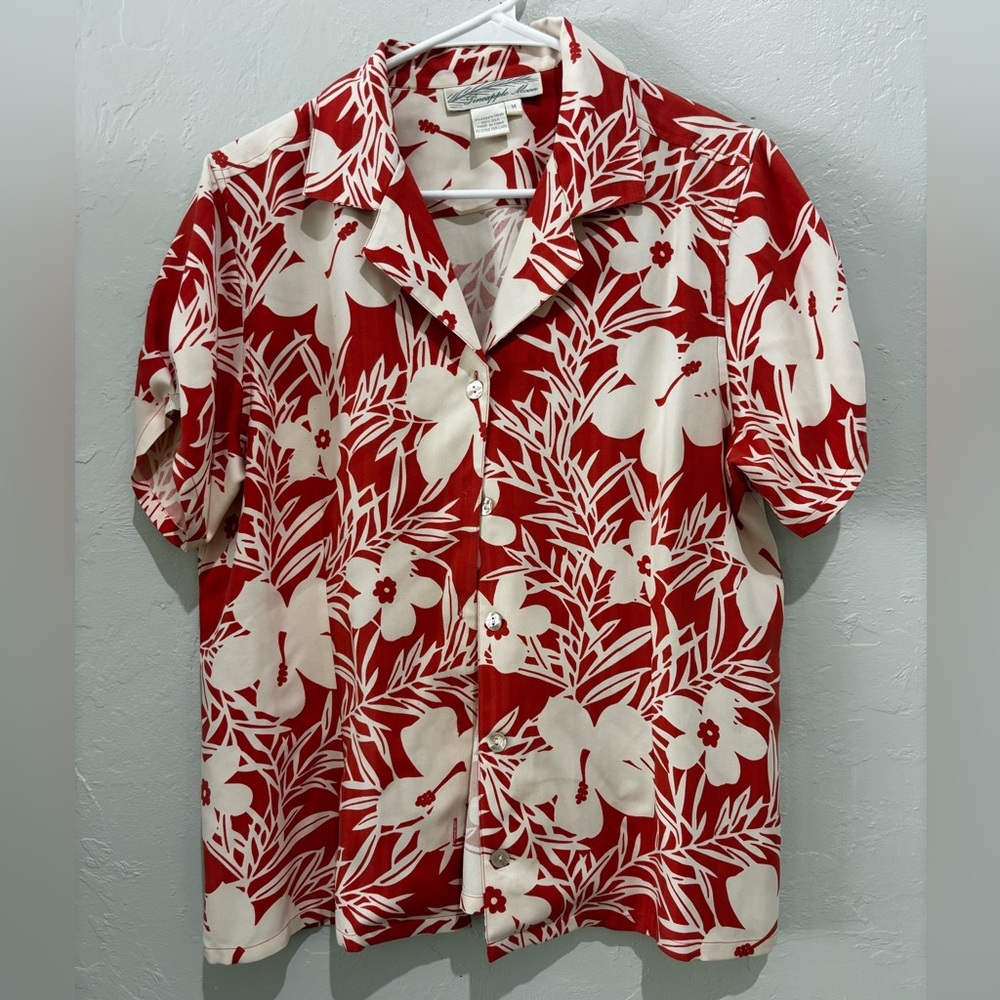 Tropical Red and White Floral Women's Button Down Shirt